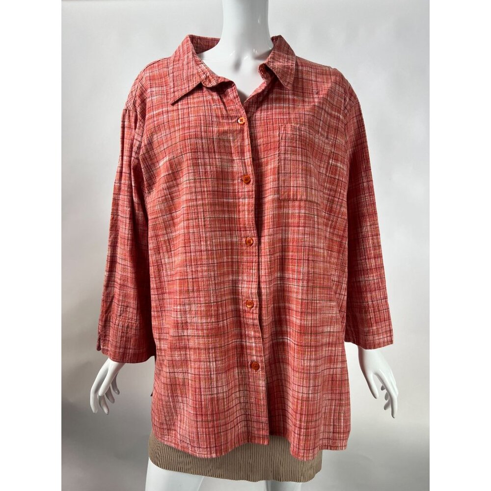 Victoria Jones Womans Red Plaid Cotton Button-Up Shirt 2X